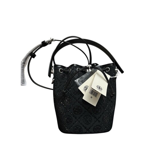 Tory Burch Mini T-Monogram Hot Fix Jacquard Top Handle Bucket In Black New - Picture 8 of 9